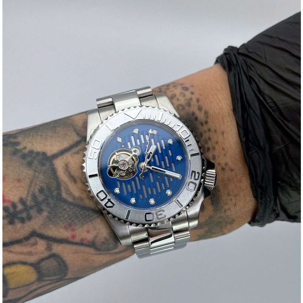 Custom Seiko Mod • Blue Steel Open-Heart 4oclock-Crown Yachtmaster • 40mm